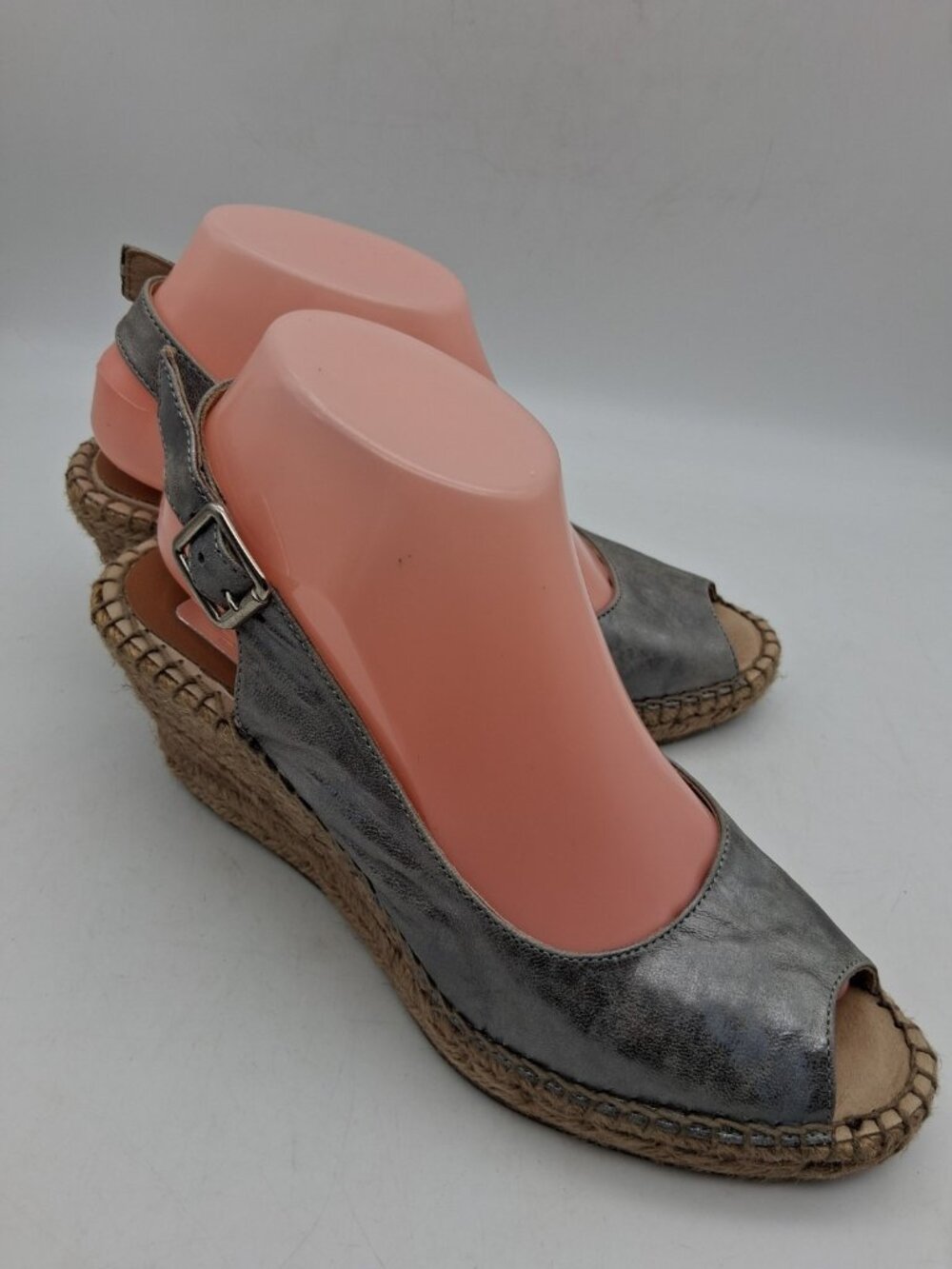 KANNA Espadrille Sandals Wedge Heels Womens 39 US 8.5 Leather Silver